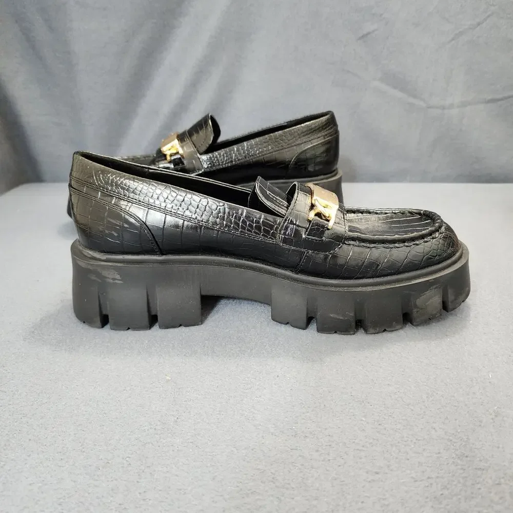 GBG Guess Womens Shoes 9M Black Gold GGCOLLIE Chunky Platform Loafers 90s Y2K